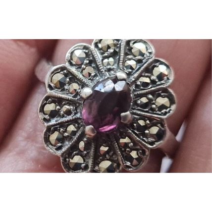 Antique Vintage Victorian 1860-s Silver Amethyst Ring - UK Size N, US 6 3/4