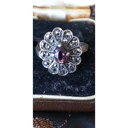 Antique Vintage Victorian 1860-s Silver Amethyst Ring - UK Size N, US 6 3/4