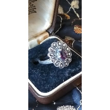 Antique Vintage Victorian 1860-s Silver Amethyst Ring - UK Size N, US 6 3/4