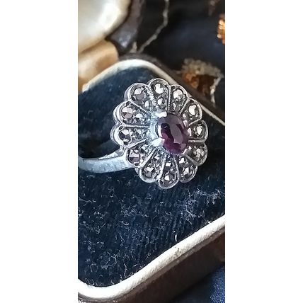 Antique Vintage Victorian 1860-s Silver Amethyst Ring - UK Size N, US 6 3/4