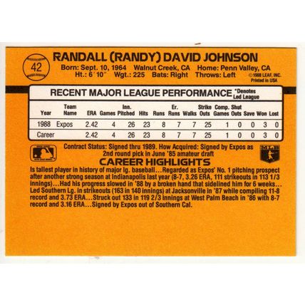 1989 Donruss Randy Johnson RC rookie card #42 – Expos