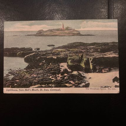 LIGHTHOUSE from Hells Mouth St Ives Cornwall Woodbury series date 1919 stamp