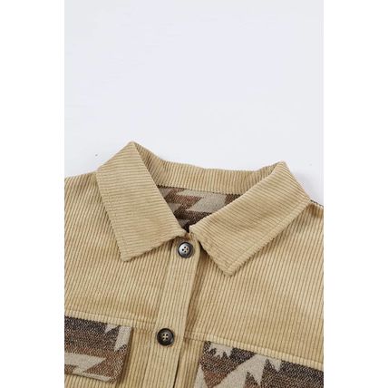Khaki Aztec Print Patchwork Frayed Edge Corduroy Jacket