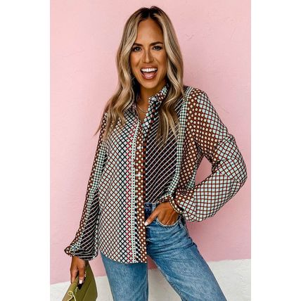 Brown Dot Print Long Sleeve Button Down Shift Shirt