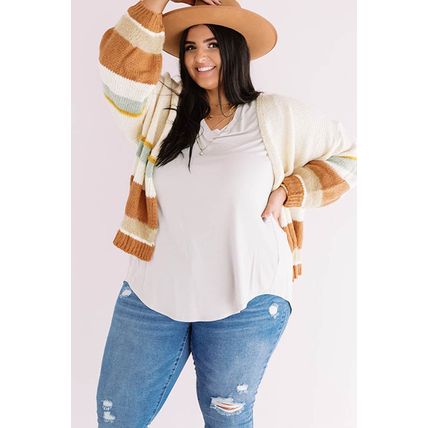 Beige Plus Size Striped Print Open Front Cardigan