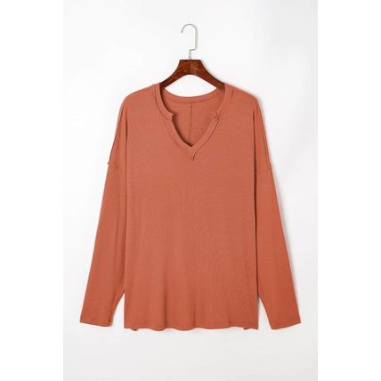 Gold Flame Plus Size Exposed Seam V Neck Long Sleeve Top