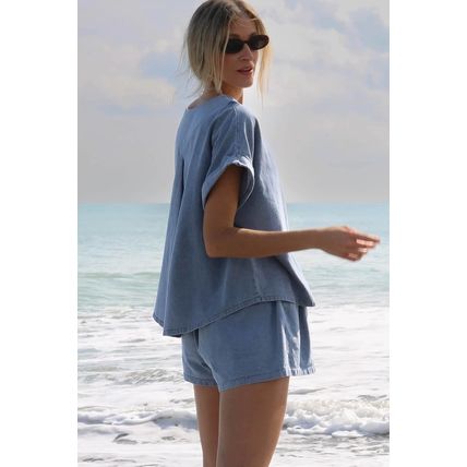 Light Blue Denim Cuffed Sleeve Tee Elastic Shorts Set