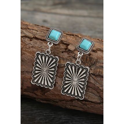 Silvery Retro Western Geometric Turquoise Stud Earrings