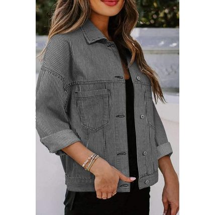 Blue Stripe Washed Oversize Pocketed Denim Jacket