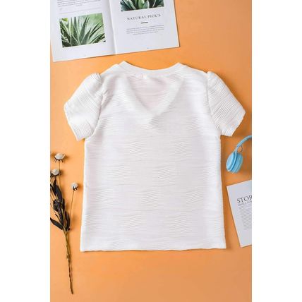 White Solid Color Textured V Neck Short Sleeve Top
