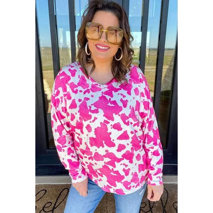Rose Animal Print Long Sleeve V Neck Plus Size Top