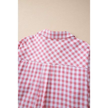 Pink Gingham Print Chest Pockets Buttoned Collared Shirt