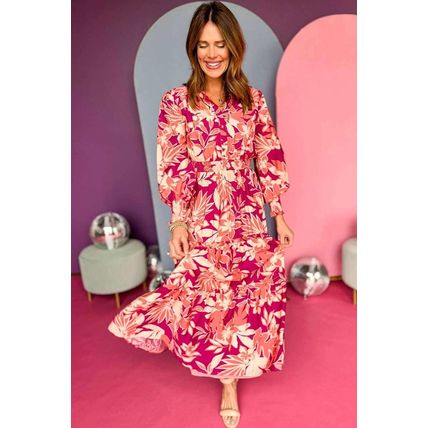 Rose Floral Print Buttoned Smocked High Waist Maxi Dress
