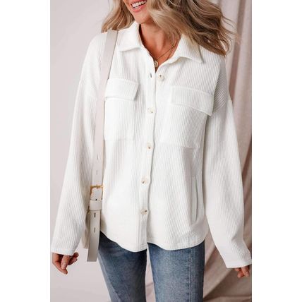 White Solid Color Corduroy Buttoned Long Sleeve Shacket