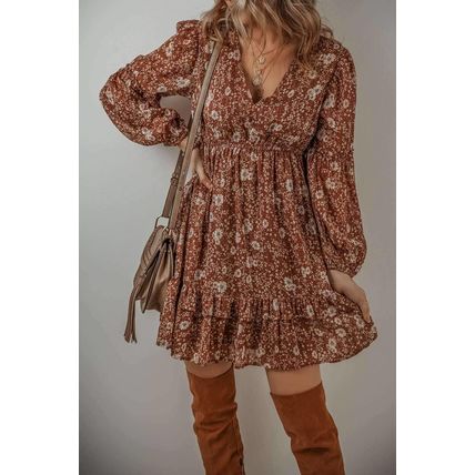 Brown Boho Floral Ruffled Puff Sleeve V Neck Mini Dress