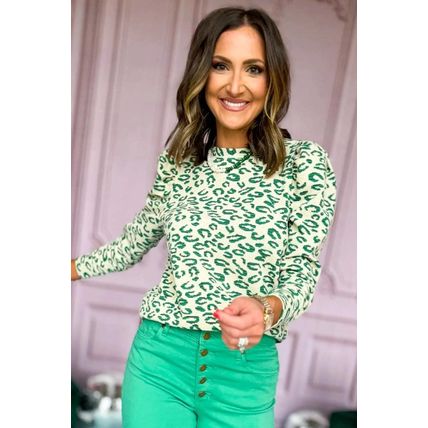 Blackish Green Leopard Print Mock Neck Puff Sleeve Top