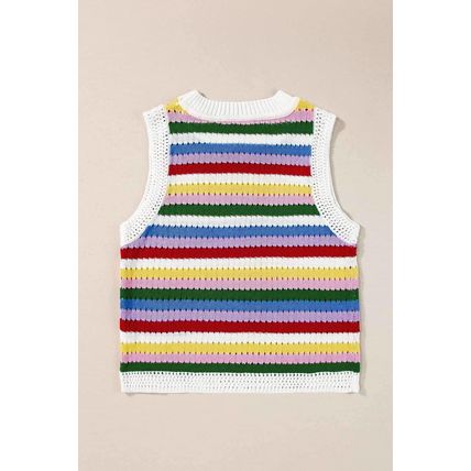 Multicolour Striped Knitted Eyelet Slim Sweater Vest
