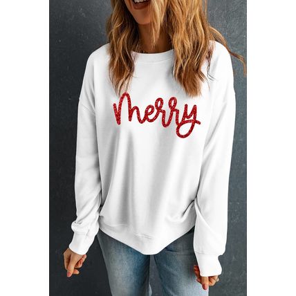 Beige Merry Graphic Christmas Crew Neck Sweatshirt