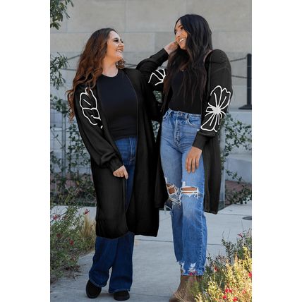 Black Flower Embroidered Drop Shoulder Open Front Duster Cardigan
