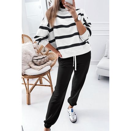 Black Stripe Drop Shoulder Pullover and Jogger Pants Set