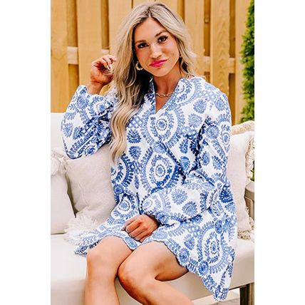 Blue Boho Floral Embroidered Notch V Neck Shift Mini Dress