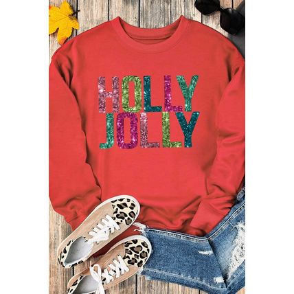 Red Glittering HOLLY JOLLY Graphic Christmas Pullover Sweatshirt
