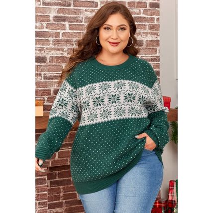 Green Christmas Snowflake Pattern Drop Shoulder Plus Size Sweater