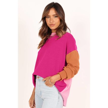 Bonbon Three Tone Contrast Round Neck Loose Sweater