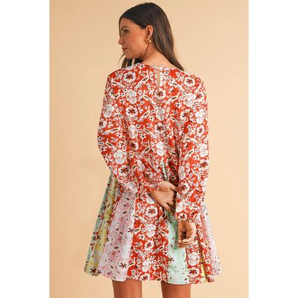 Red Colorful Floral Patchwork Long Sleeve Pleated Mini Dress