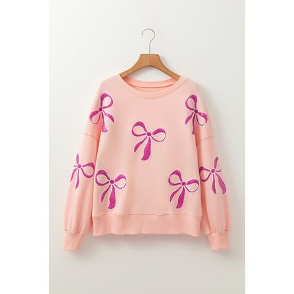 Apricot Pink Sequined Bowknot Drop Shoulder Oversized Sweatshirt