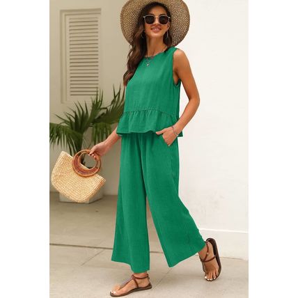 Green Solid Color Ribbed Ruffle Tank Top and Pants Set