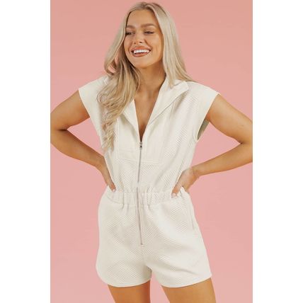 Jet Stream Textured Zipped Front V Neck Collared Casual Romper