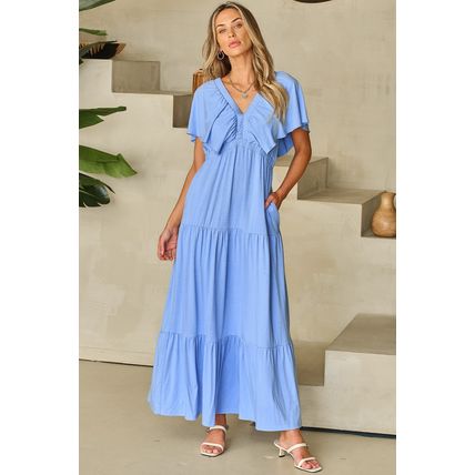 Sky Blue Textured V Neck Flutter Sleeve Ruffled Maxi Dress