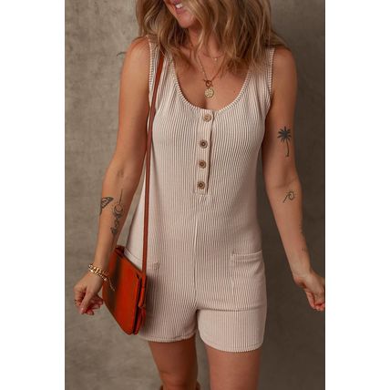Parchment Corded Knit Side Pockets Buttoned Sleeveless Romper