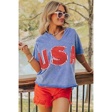 Sky Blue USA Patch Mineral Wash Notch V Neck Vintage Graphic T Shirt