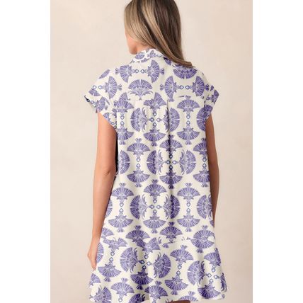 Sky Blue Printed Shirt Collar Half Button A-line Mini Dress