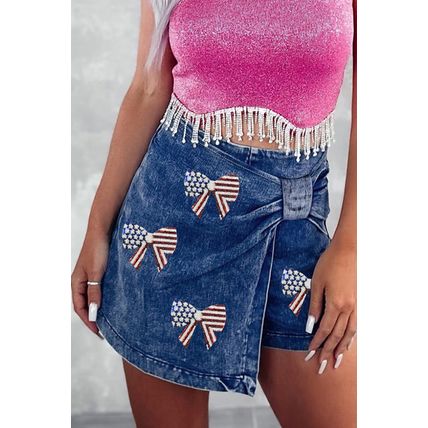 Sail Blue High Waist USA Flag Inspire Bow Patched Twisted Denim Skort