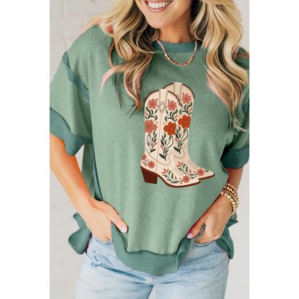 Smoke Green Floral Boots Printed Raw Seam Mix Texture Patchwork Tee