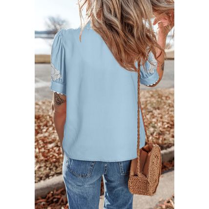 Sky Blue Floral Ric Rac Edge Puff Sleeve Button Up Summer Shirt