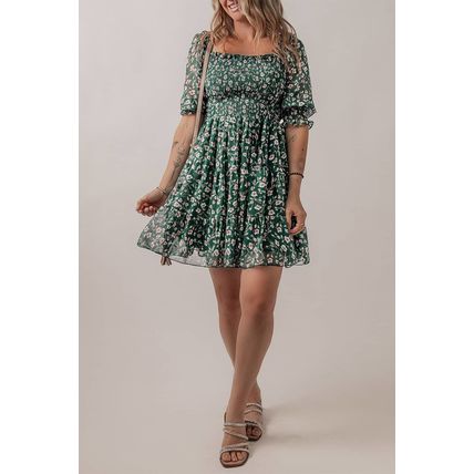 Green Smocked Square Neck Puff Short Sleeve Floral Dress