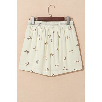 White Bow Print Lace Drawstring Casual Shorts
