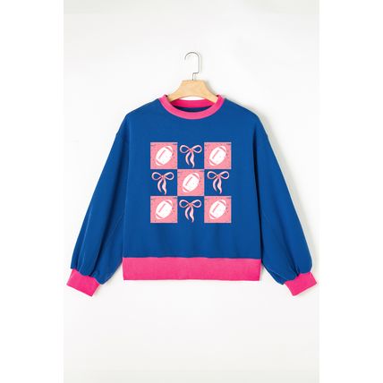Blue Rugby Bowknot Graphic Game Day Contrast Trim Drop Shoulder Casual Sweatshir