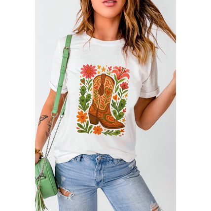 White Western Floral Boots Printed Casual Cotton Blend T Shirt