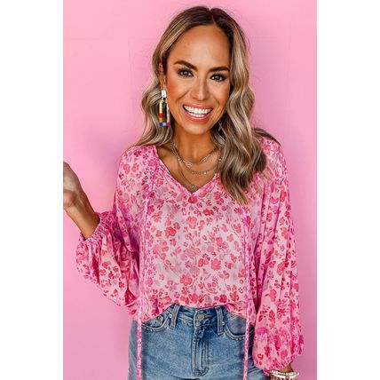 Pink Floral Puff Sleeve Split Neck Lightweight Blouse