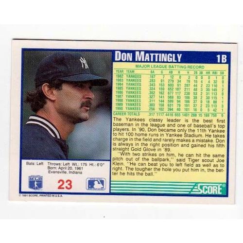1991 Score Don Mattingly baseball card #23 – HOF - Yankees