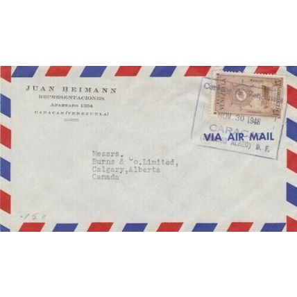 Venezuela 1948 Juan Heimann Caracas to Calgary airmail Cover typed VGC