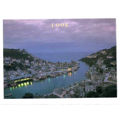 EAST AND WEST LOOE BY NIGHT, CORNWALL unused postcard John Hinde =