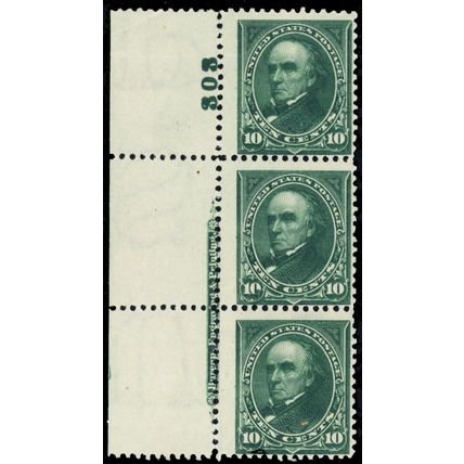 273, Mint 1 LH - 2 NH 3¢ PL# & Imprint Strip of 3 CV $700 - Stuart Katz