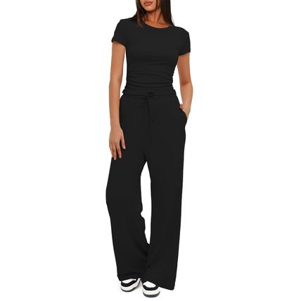 2pcs Solid Color Casual Sports Yoga Suit Short-sleeved Top And High-waisted Draw