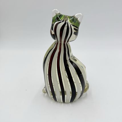 Vintage Art Glass Hand Blown Cat Sculpture Swirling Eyes 6” Murano? Solid